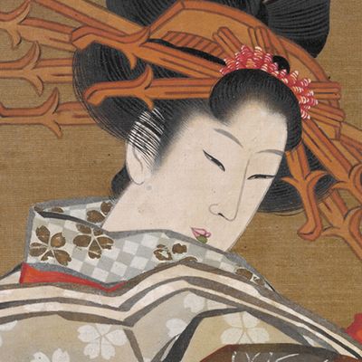 A painting of a geisha wearing a kimono.