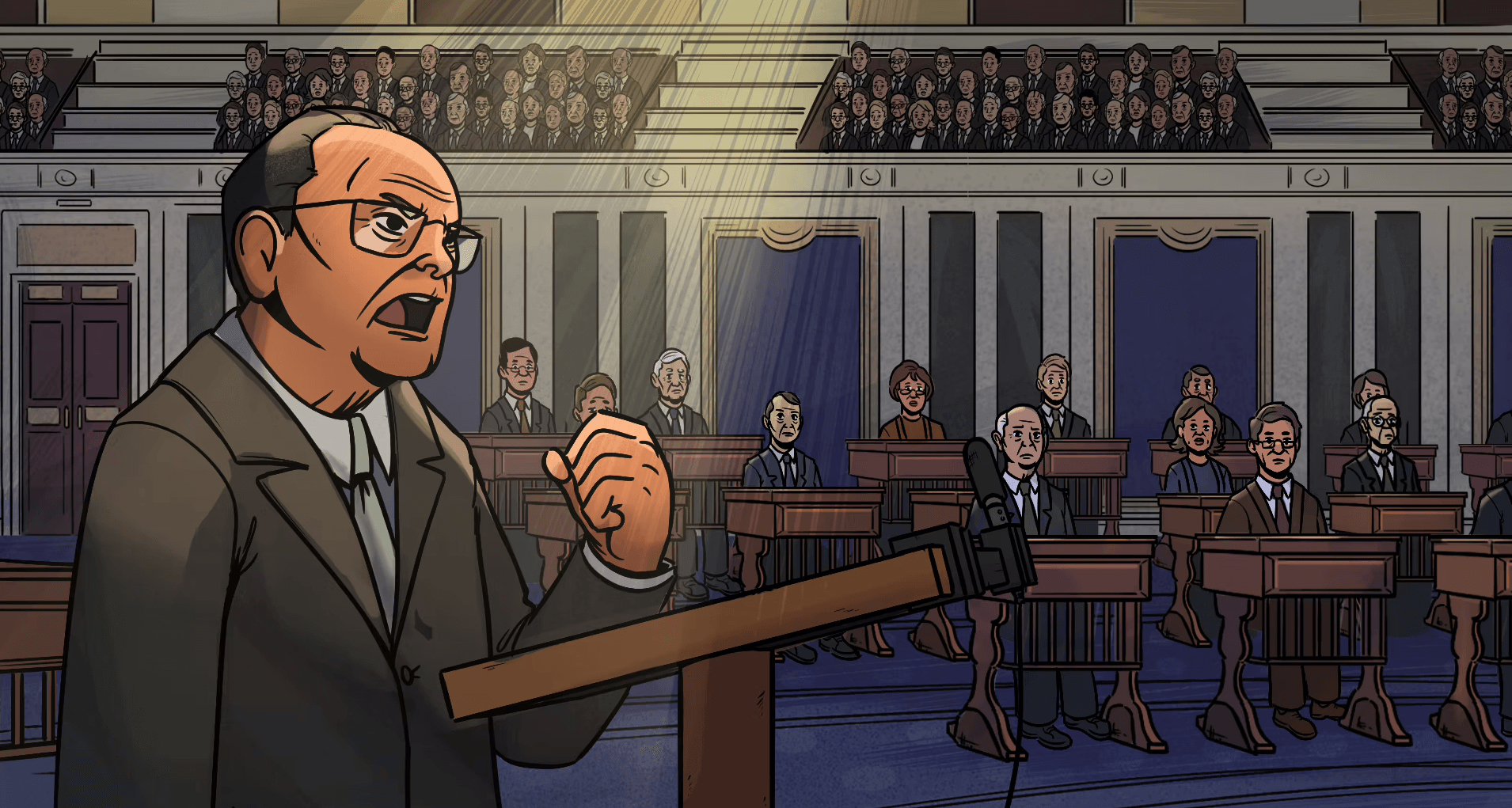 A cartoon of a man in a suit speaking to a crowd