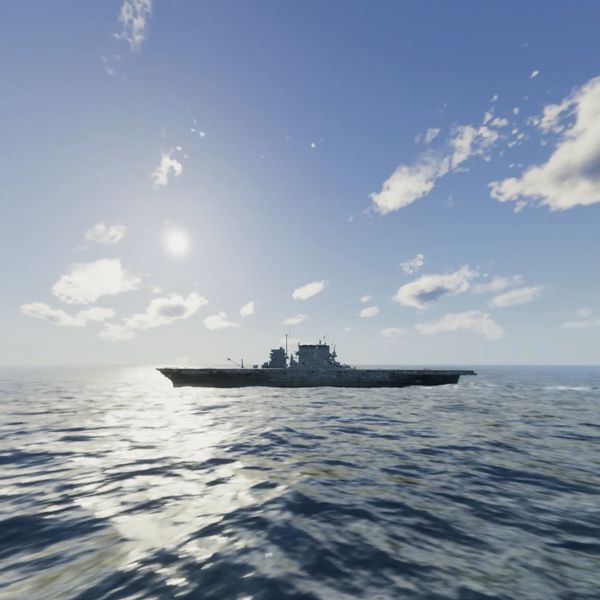 rendering of a metal ship on the ocean as the sun sets