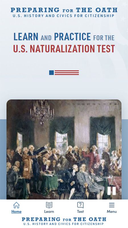 A screen showing "learn and practice for the US naturalization test"